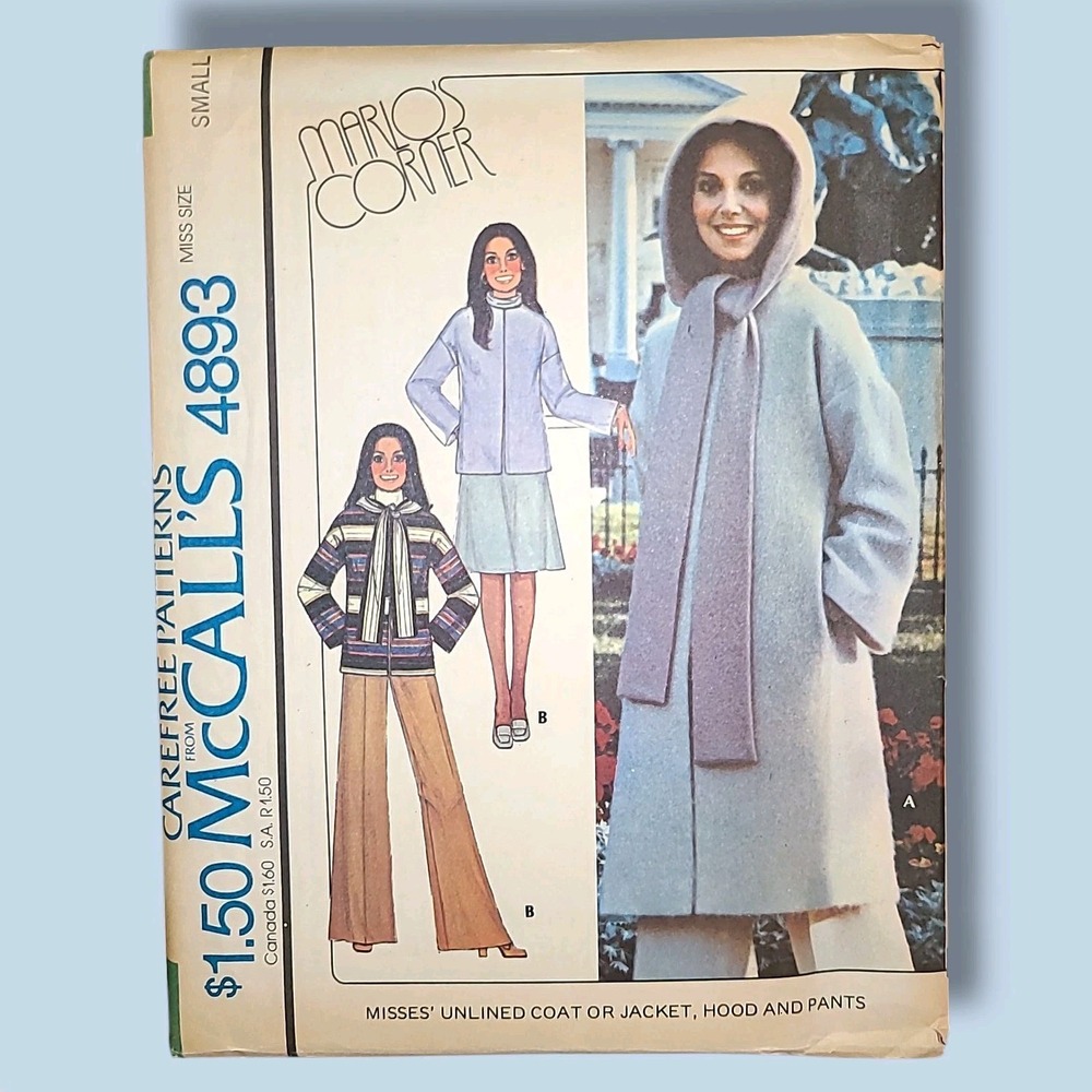 Vintage 70s McCall's Marlo's Corner 4893 Misses Coat & Pants Size Small FF Uncut